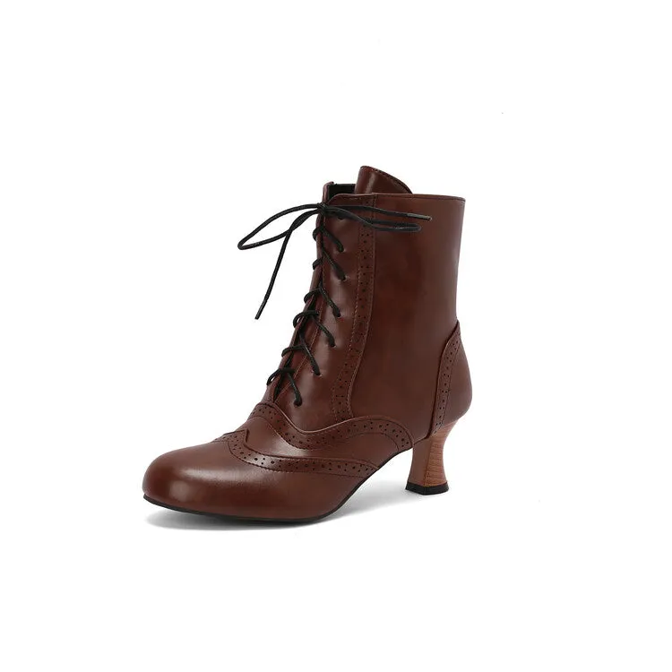 Women's Round Toe Lace Up Hoof Heel Ankle Boots
