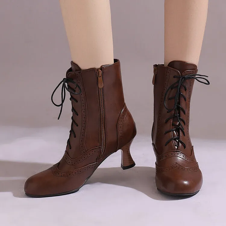 Women's Round Toe Lace Up Hoof Heel Ankle Boots