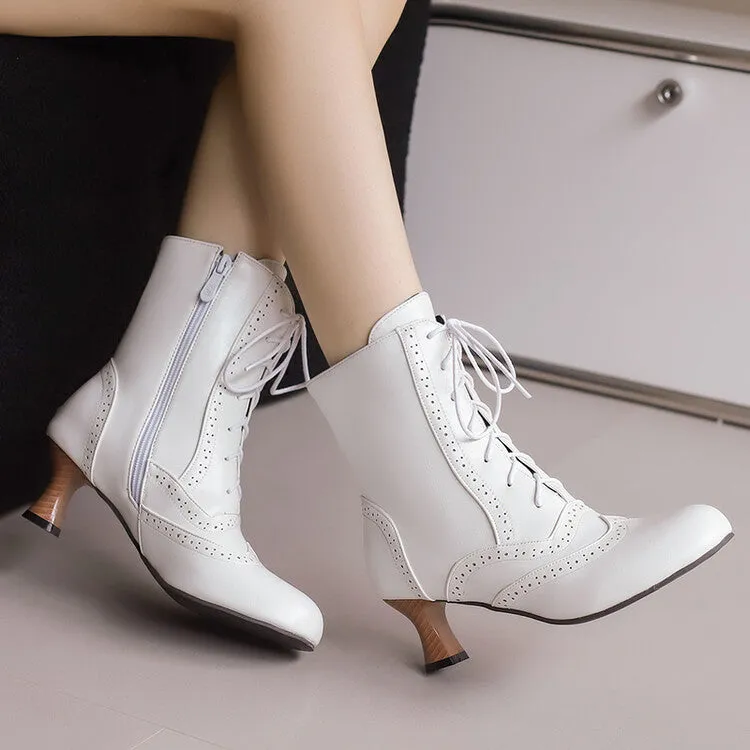 Women's Round Toe Lace Up Hoof Heel Ankle Boots