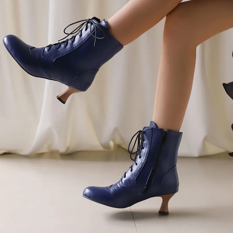 Women's Round Toe Lace Up Hoof Heel Ankle Boots