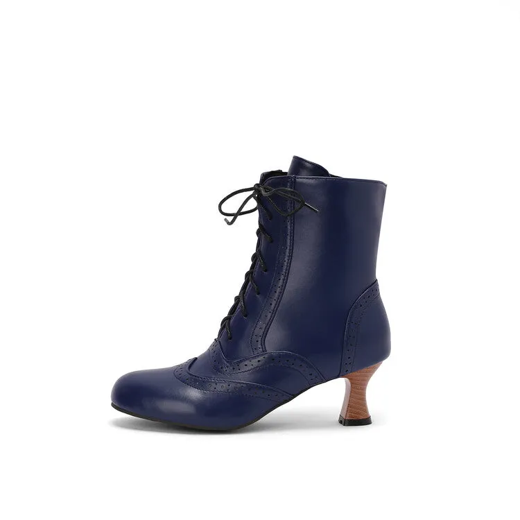 Women's Round Toe Lace Up Hoof Heel Ankle Boots