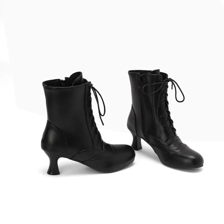 Women's Round Toe Lace Up Hoof Heel Ankle Boots