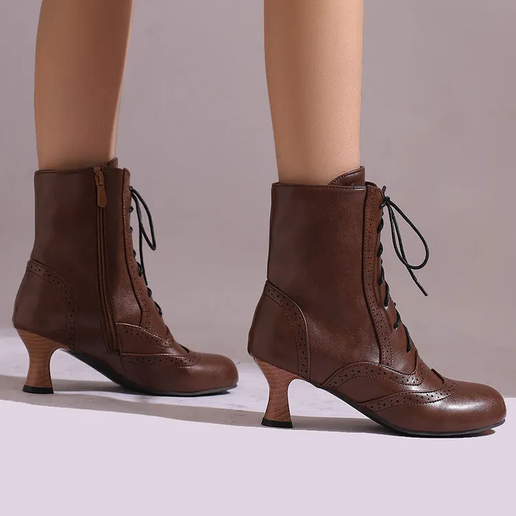 Women's Round Toe Lace Up Hoof Heel Ankle Boots