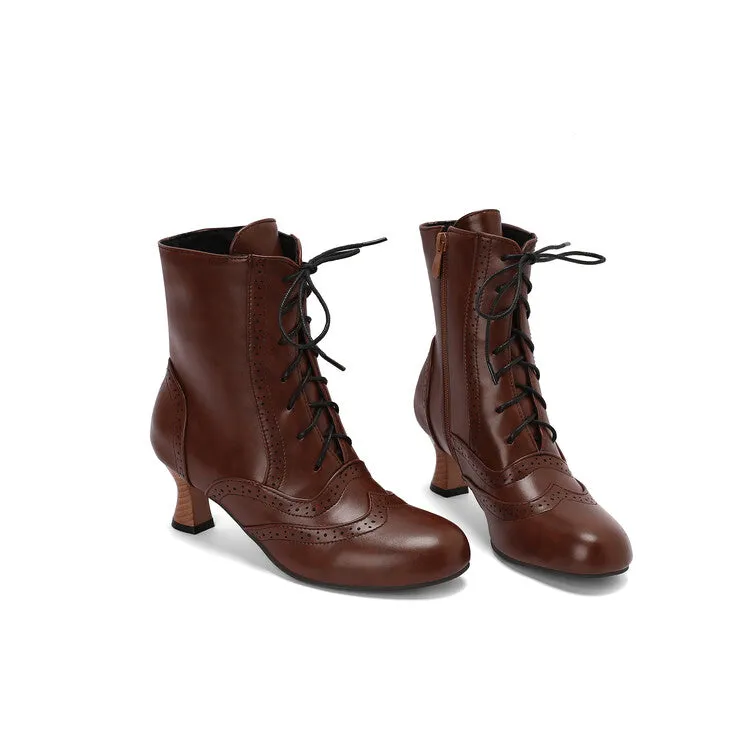 Women's Round Toe Lace Up Hoof Heel Ankle Boots