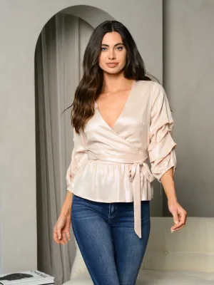 WOMEN'S RUCHED 3/4 SLEEVE SURPLICE PEPLUM TOP
