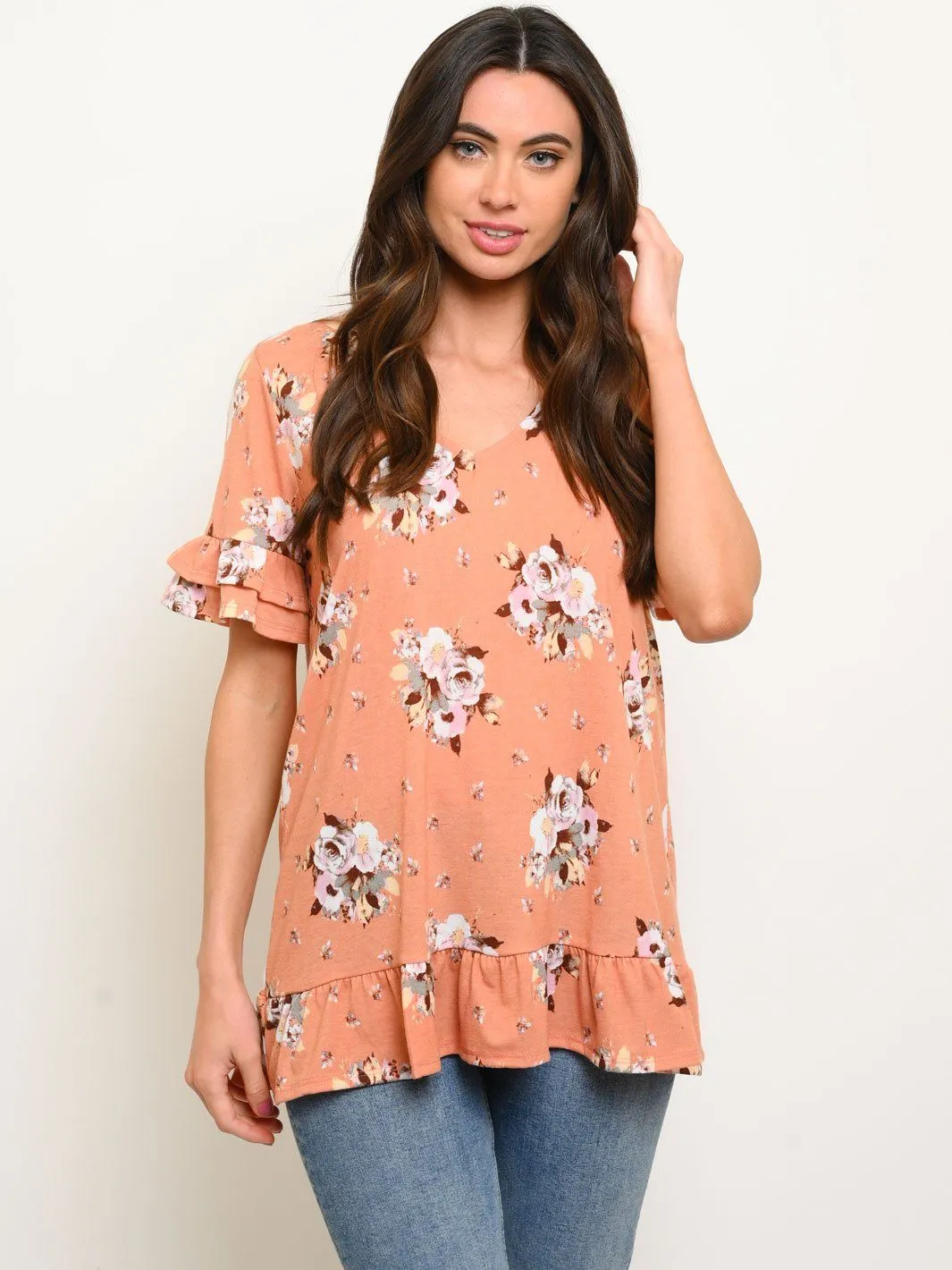 WOMEN'S RUFFLE FLORAL TUNIC TOP