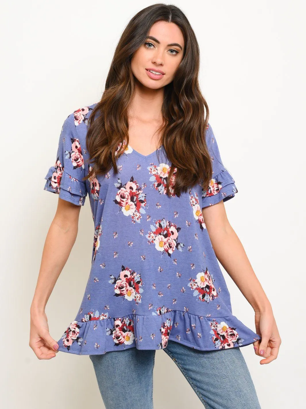 WOMEN'S RUFFLE FLORAL TUNIC TOP