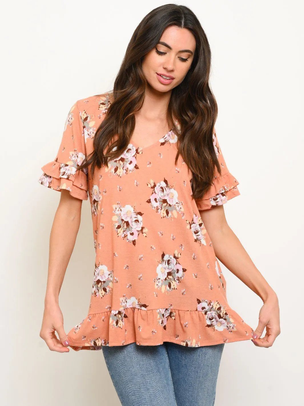 WOMEN'S RUFFLE FLORAL TUNIC TOP