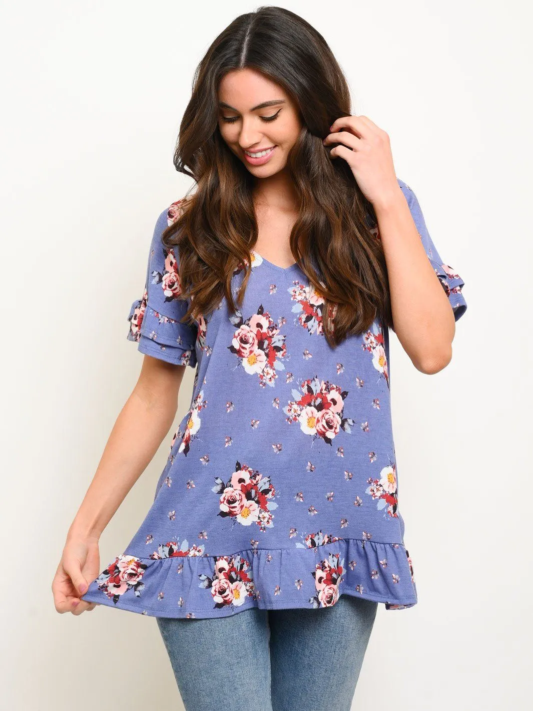 WOMEN'S RUFFLE FLORAL TUNIC TOP