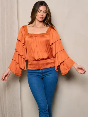 WOMEN'S RUFFLE LONG SLEEVE SQUARE NECK BLOUSE TOP