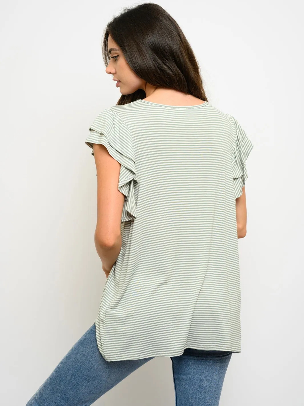 WOMEN'S RUFFLE SHORT SLEEVE STRIPES TOP