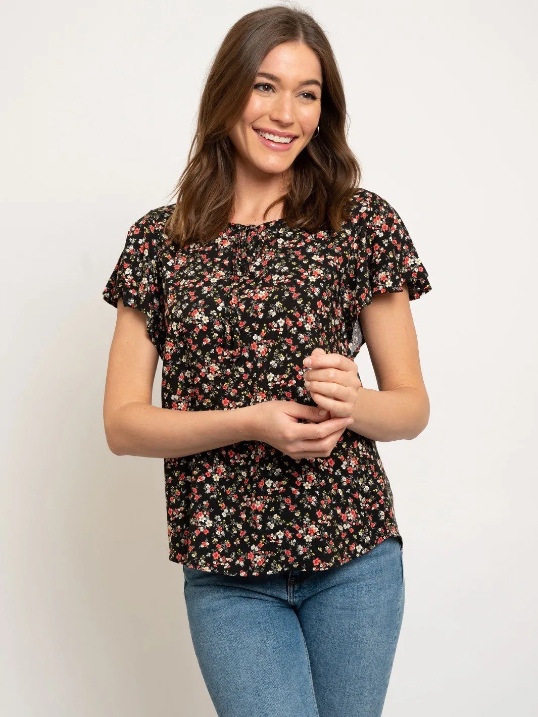 WOMEN'S RUFFLE SLEEVE FLORAL TOP