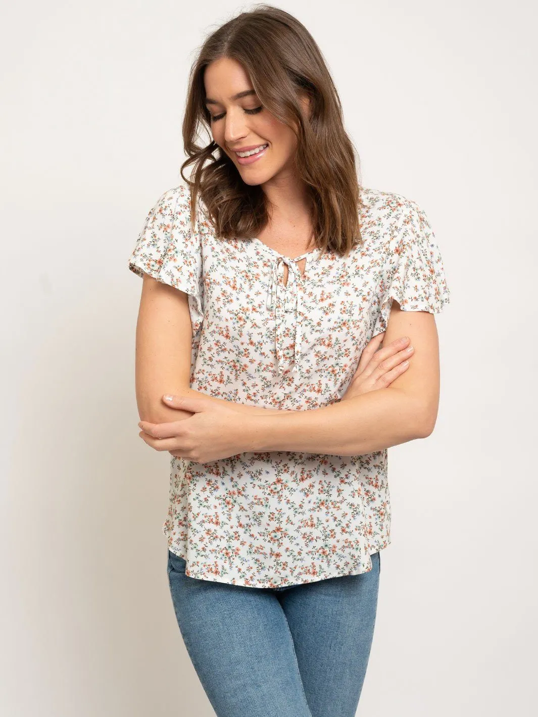 WOMEN'S RUFFLE SLEEVE FLORAL TOP