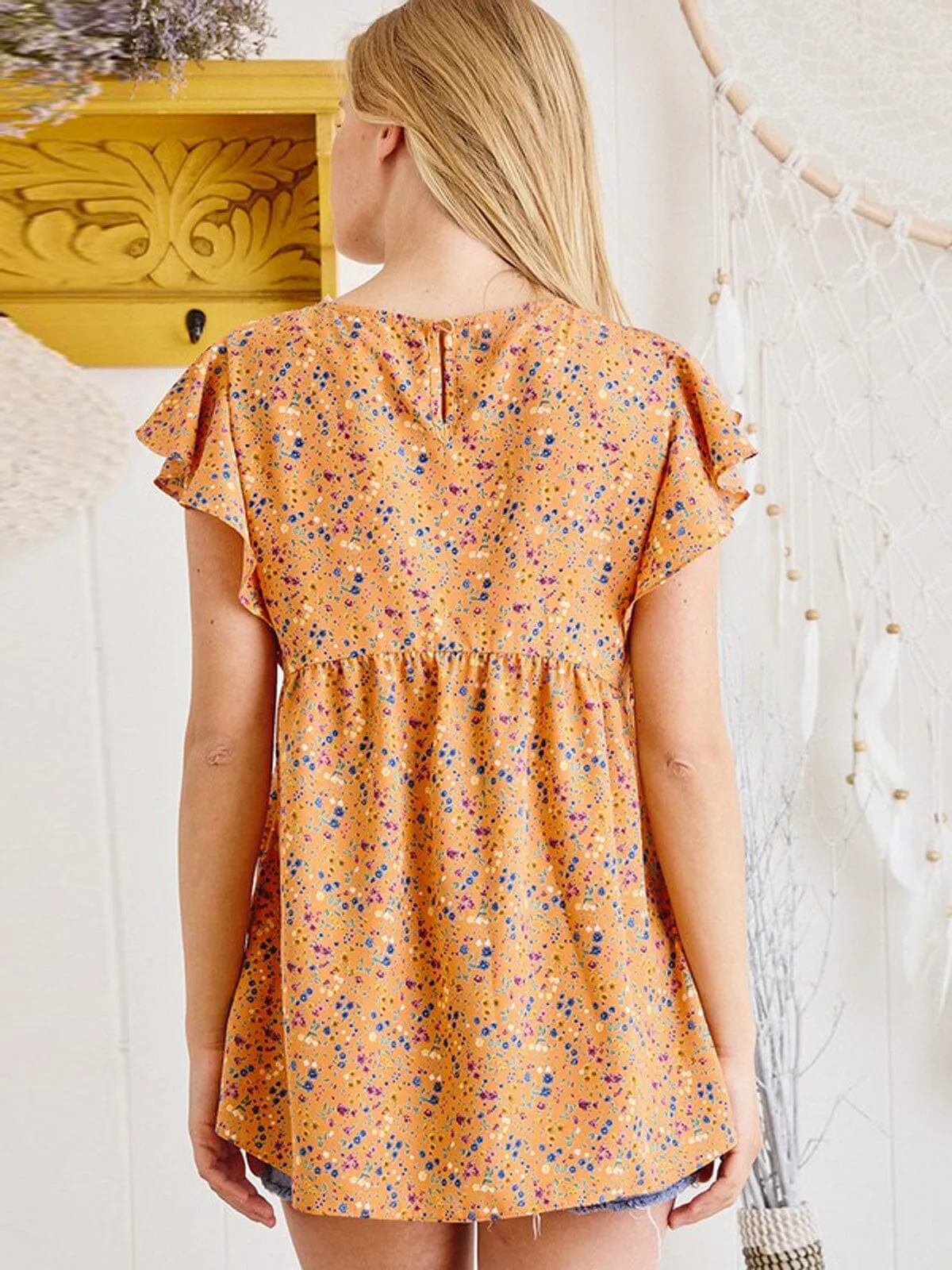 WOMEN'S RUFFLE SLEEVE FLORAL TUNIC TANK TOP