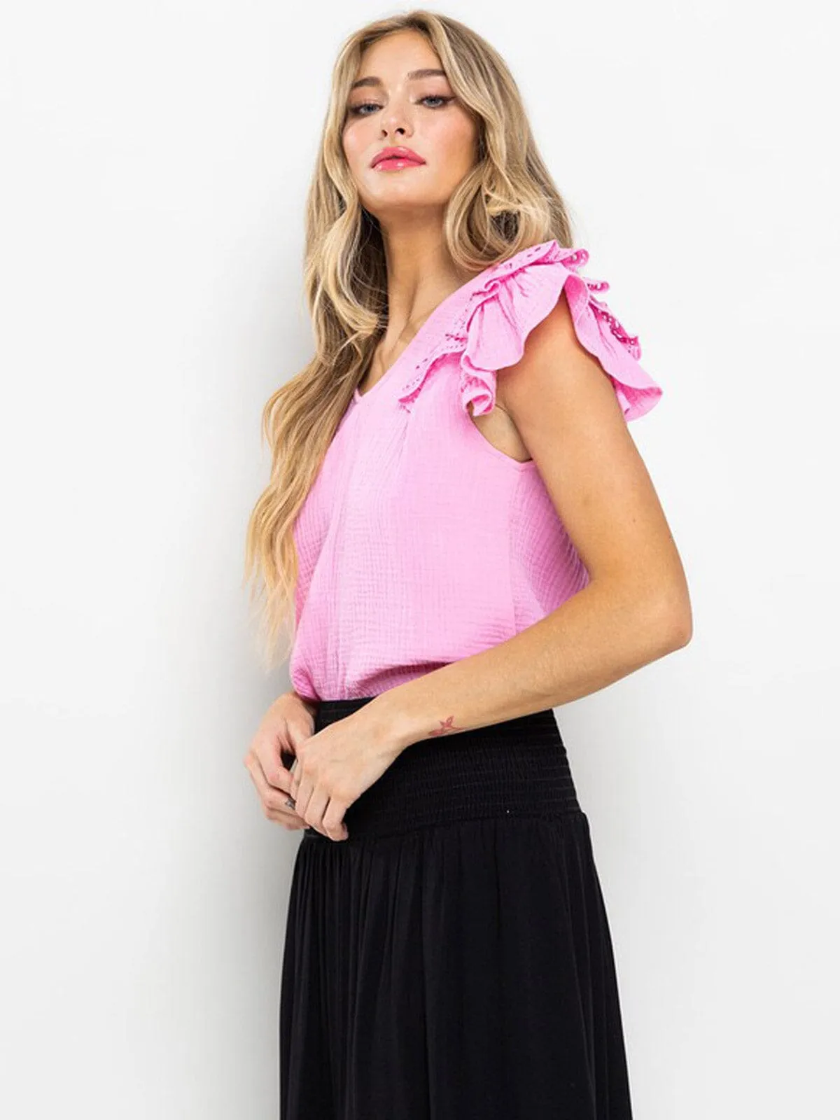 WOMEN'S RUFFLE SLEEVE V-NECK TUNIC BLOUSE TOP