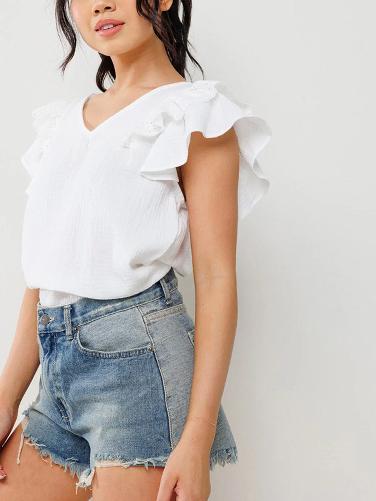 WOMEN'S RUFFLE SLEEVE V-NECK TUNIC BLOUSE TOP
