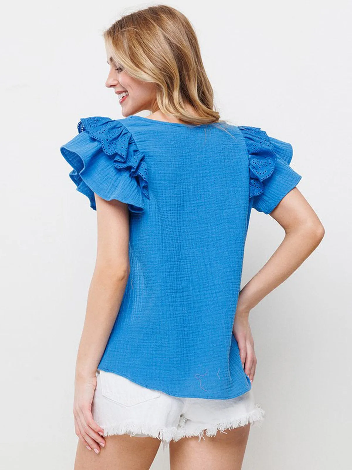 WOMEN'S RUFFLE SLEEVE V-NECK TUNIC BLOUSE TOP
