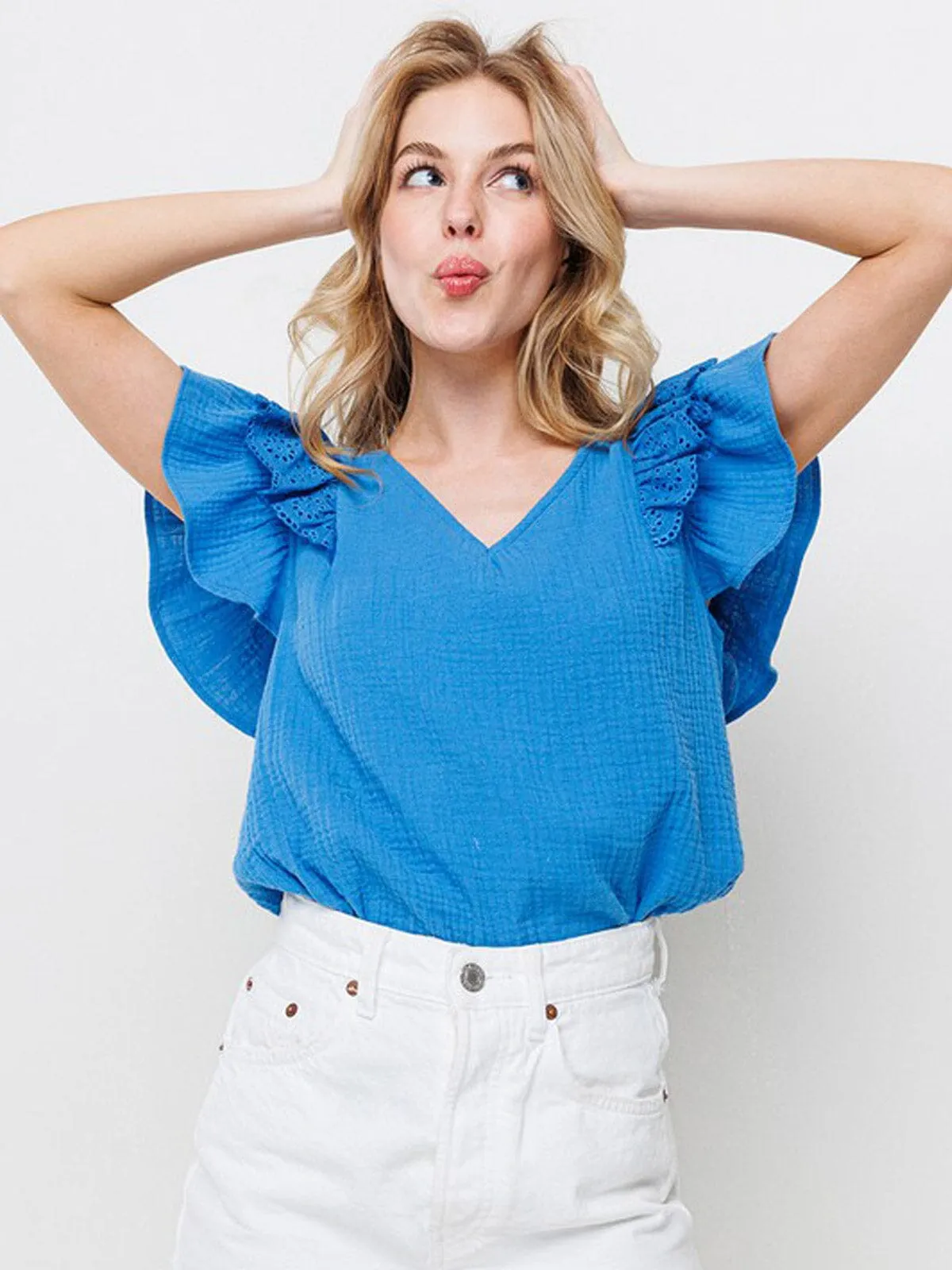 WOMEN'S RUFFLE SLEEVE V-NECK TUNIC BLOUSE TOP