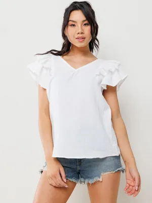 WOMEN'S RUFFLE SLEEVE V-NECK TUNIC BLOUSE TOP