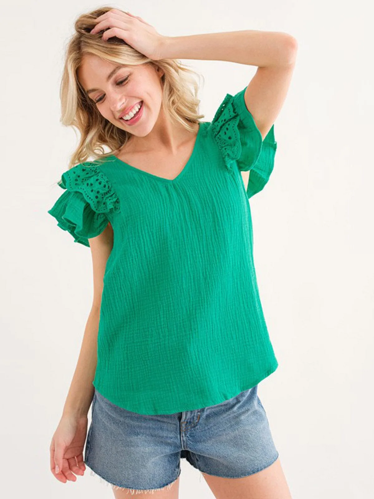 WOMEN'S RUFFLE SLEEVE V-NECK TUNIC BLOUSE TOP