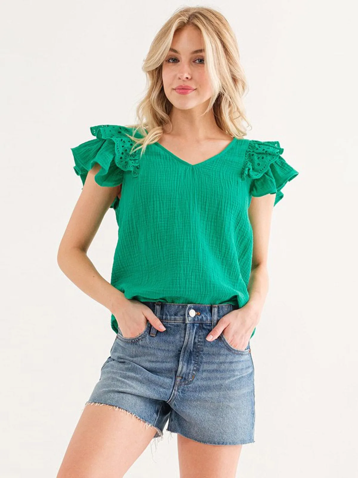 WOMEN'S RUFFLE SLEEVE V-NECK TUNIC BLOUSE TOP