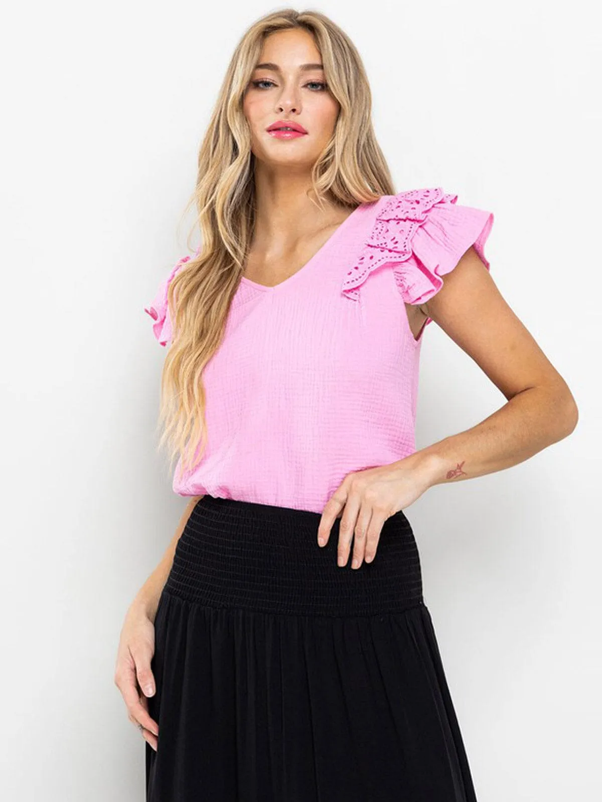 WOMEN'S RUFFLE SLEEVE V-NECK TUNIC BLOUSE TOP