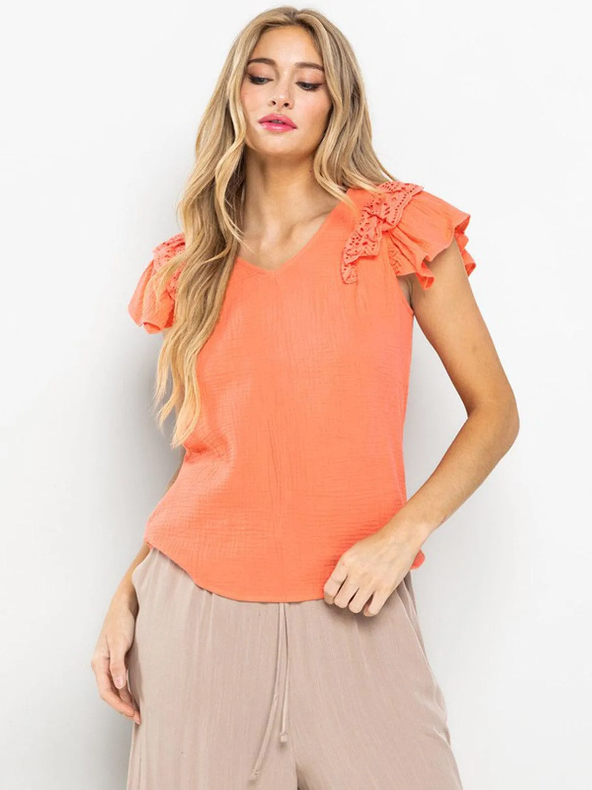 WOMEN'S RUFFLE SLEEVE V-NECK TUNIC BLOUSE TOP