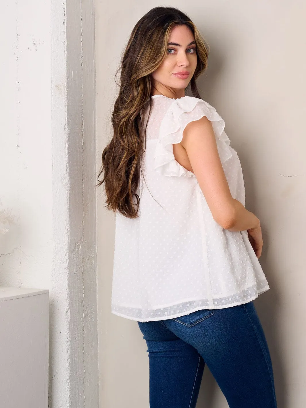 WOMEN'S RUFFLE SWISS DOT DETAILED TOP