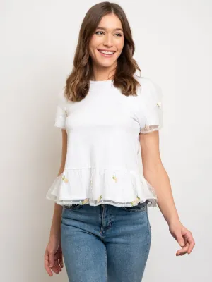 WOMEN'S RUFFLED SLEEVE W/ FLOWER SHEER DETAILED TOP