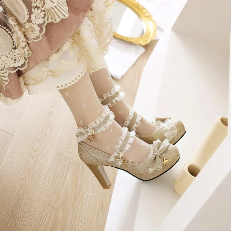 Women's Sequins Lace Ankle Strap Bow Tie Cone Heel Platform Pumps