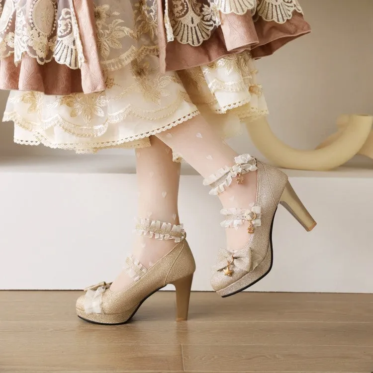 Women's Sequins Lace Ankle Strap Bow Tie Cone Heel Platform Pumps