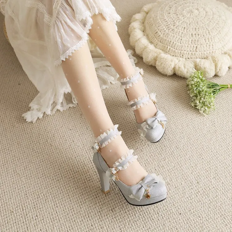 Women's Sequins Lace Ankle Strap Bow Tie Cone Heel Platform Pumps