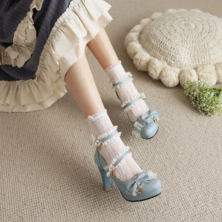 Women's Sequins Lace Ankle Strap Bow Tie Cone Heel Platform Pumps