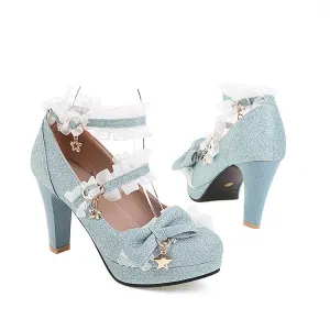 Women's Sequins Lace Ankle Strap Bow Tie Cone Heel Platform Pumps