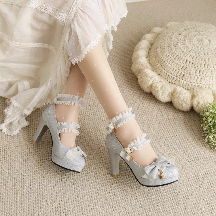 Women's Sequins Lace Ankle Strap Bow Tie Cone Heel Platform Pumps