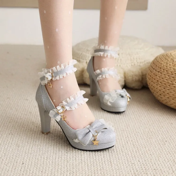 Women's Sequins Lace Ankle Strap Bow Tie Cone Heel Platform Pumps