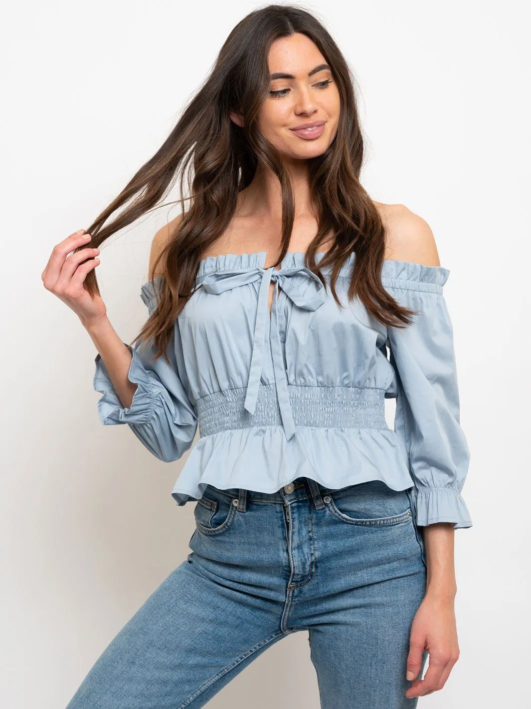 WOMEN'S SHIRRING OFF SHOULDER SMOCKING WAIST TOP