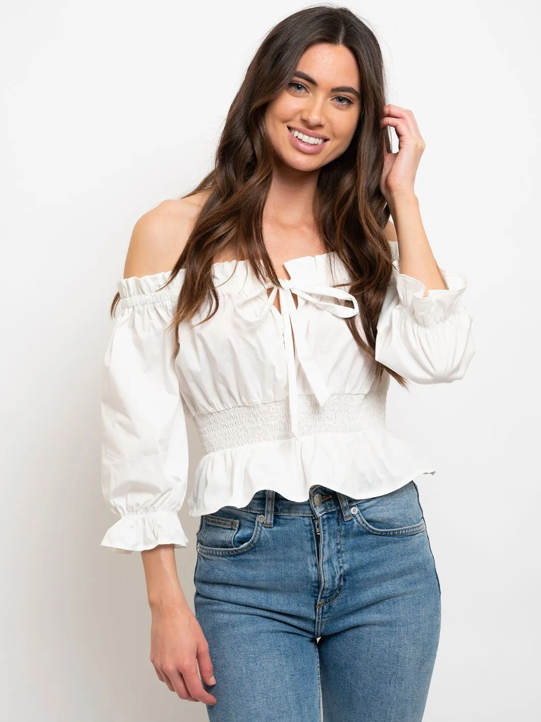 WOMEN'S SHIRRING OFF SHOULDER SMOCKING WAIST TOP
