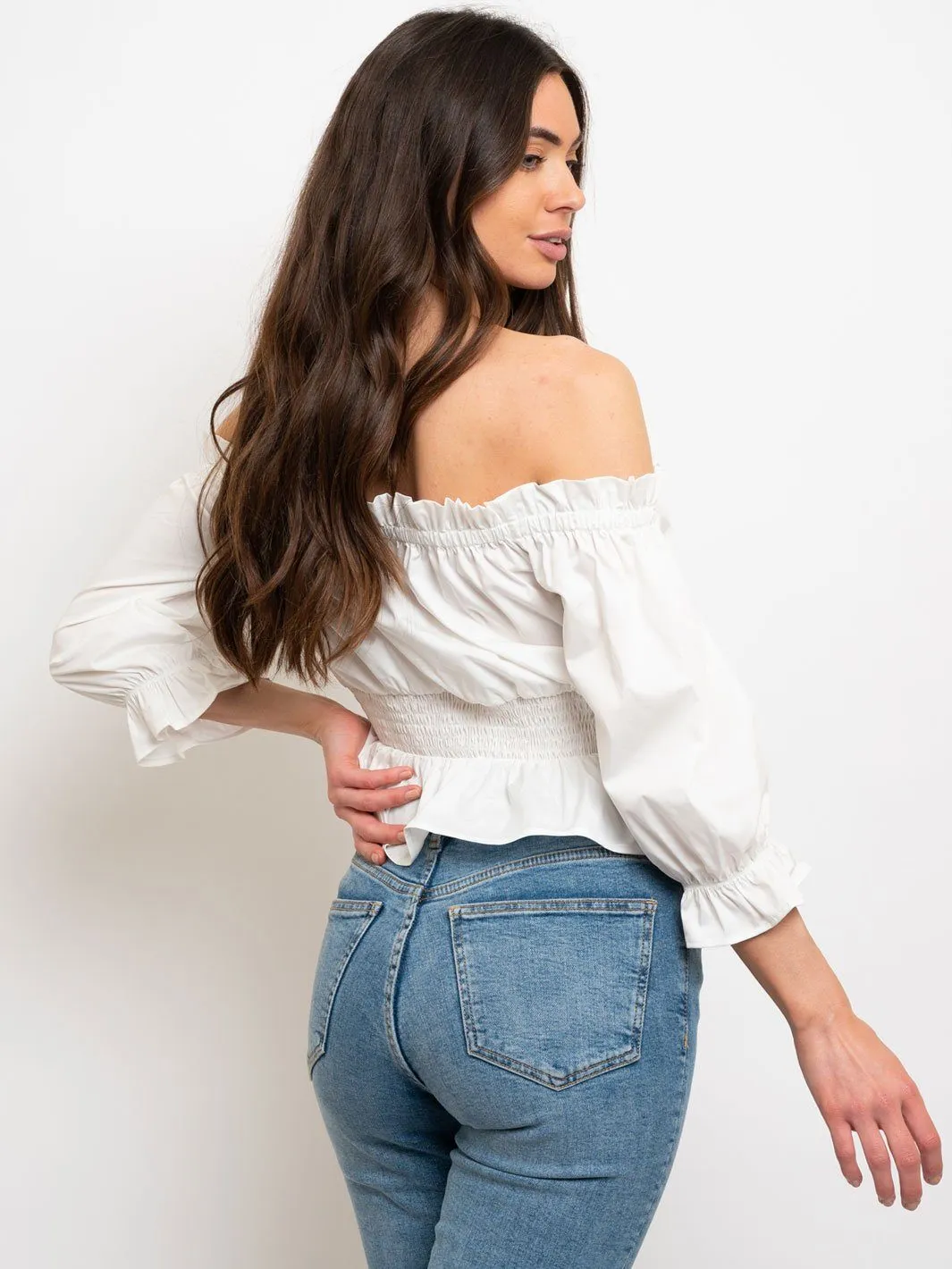WOMEN'S SHIRRING OFF SHOULDER SMOCKING WAIST TOP