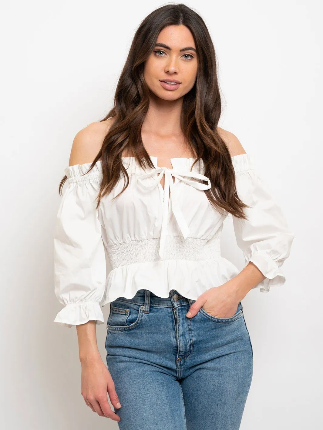 WOMEN'S SHIRRING OFF SHOULDER SMOCKING WAIST TOP