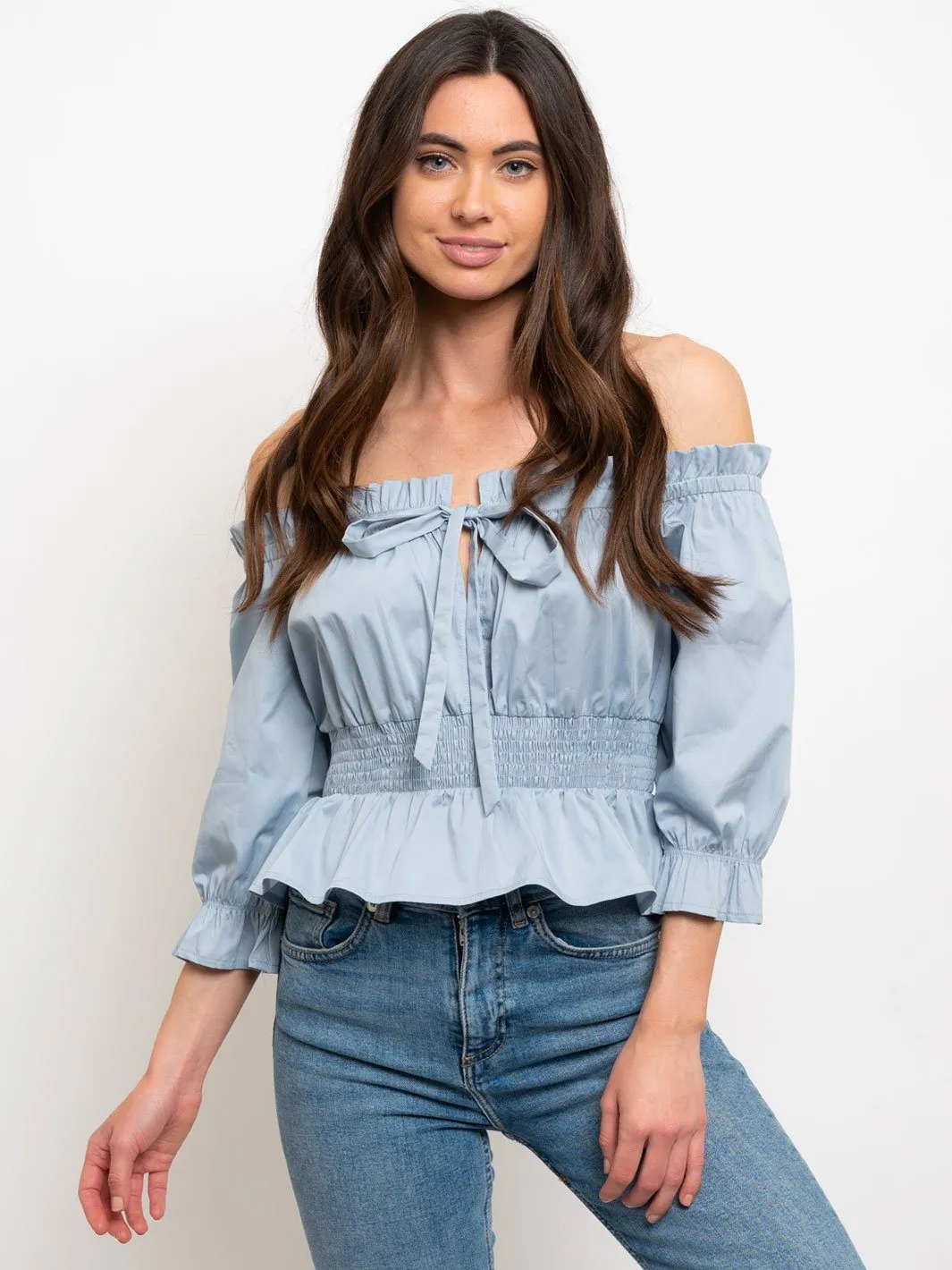 WOMEN'S SHIRRING OFF SHOULDER SMOCKING WAIST TOP