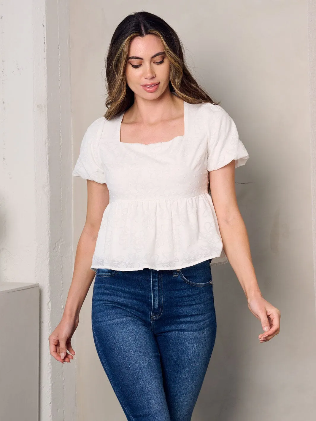 WOMEN'S SHORT PUFF SLEEVE DETAILED PEPLUM TOP