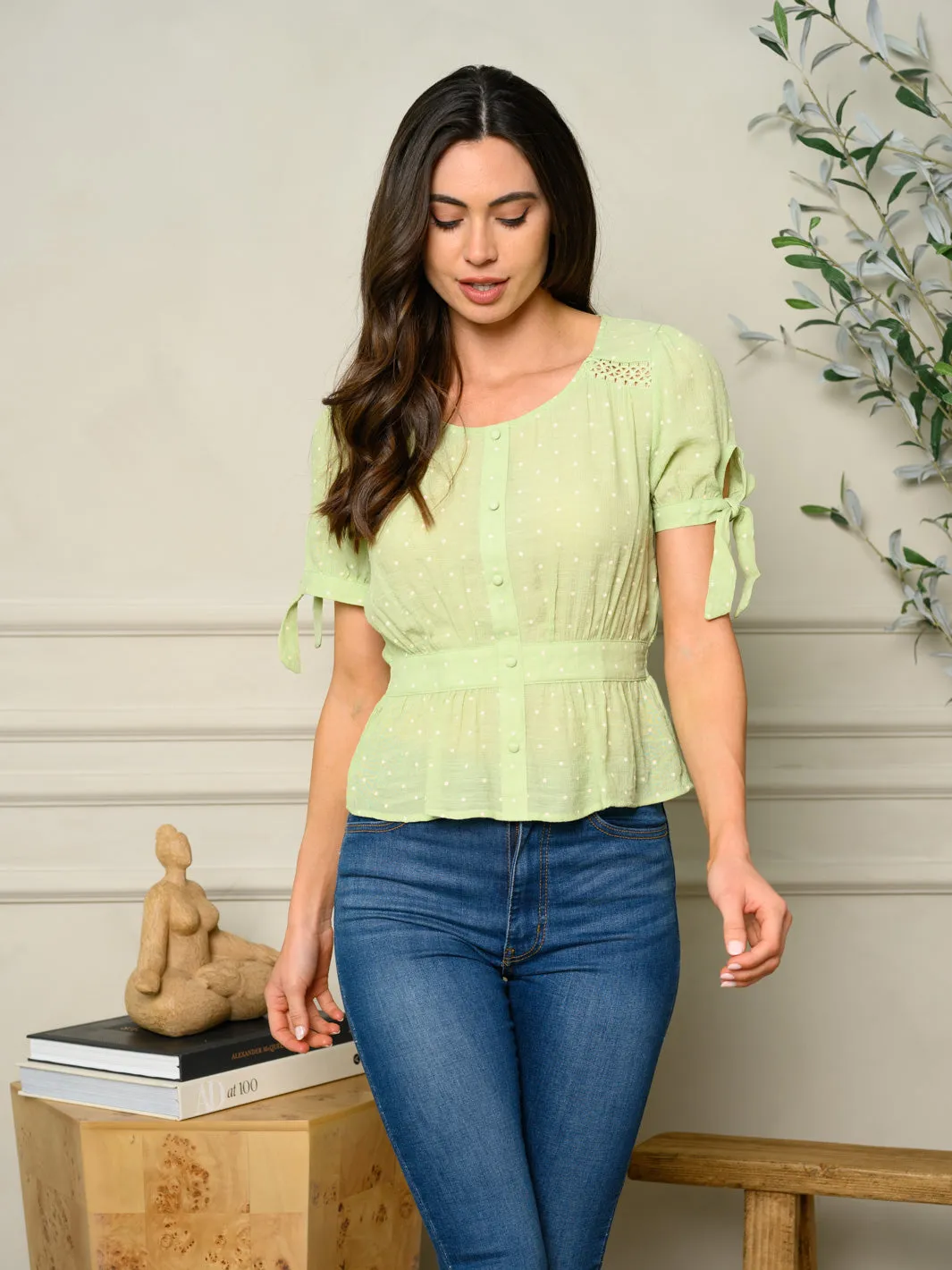WOMEN'S SHORT PUFF SLEEVE POLKA DOT DETAILED PEPLUM TOP