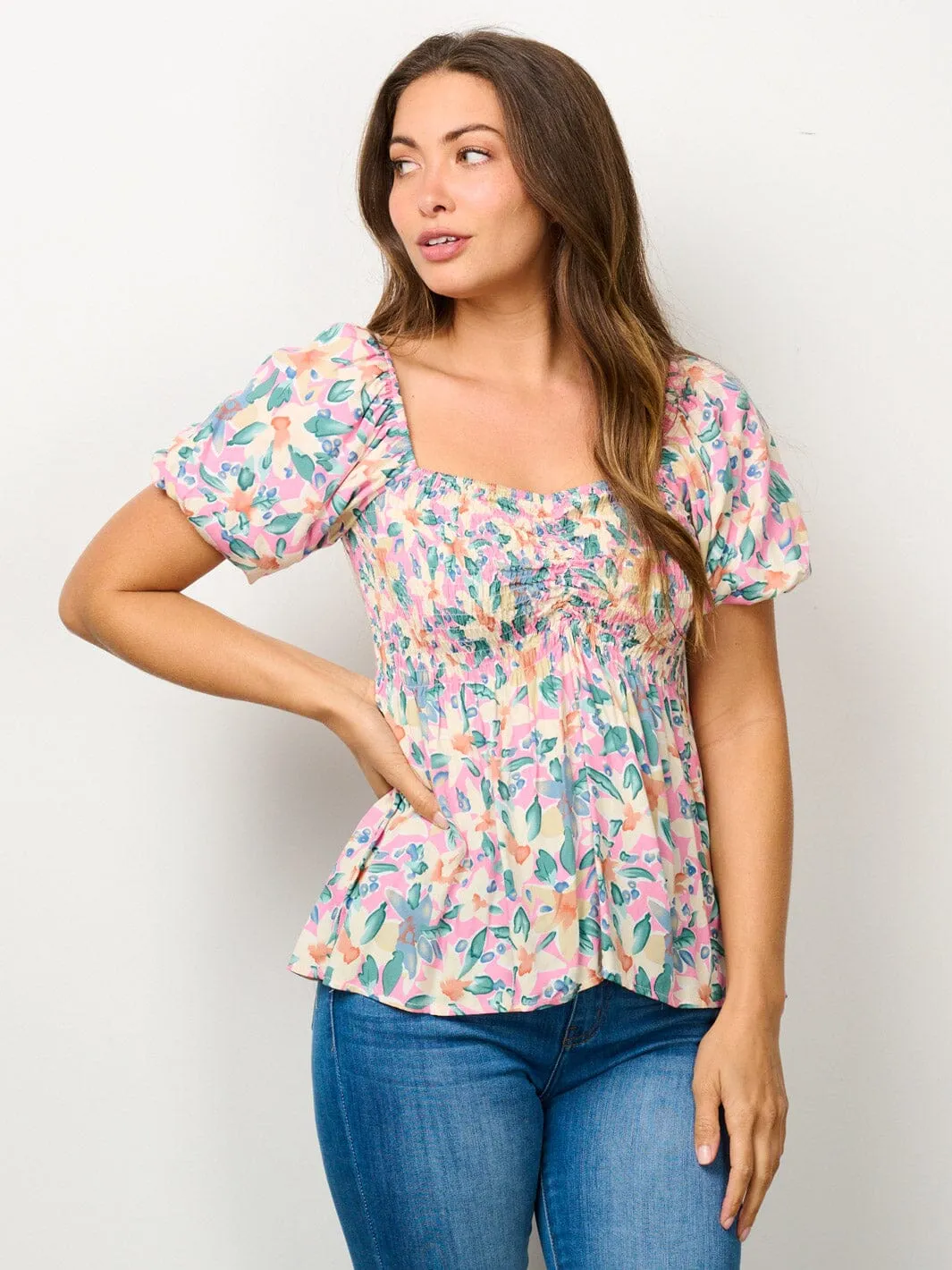 WOMEN'S SHORT PUFF SLEEVE SMOCK FLORAL BLOUSE TOP