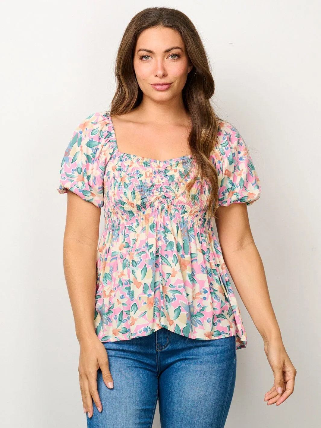 WOMEN'S SHORT PUFF SLEEVE SMOCK FLORAL BLOUSE TOP