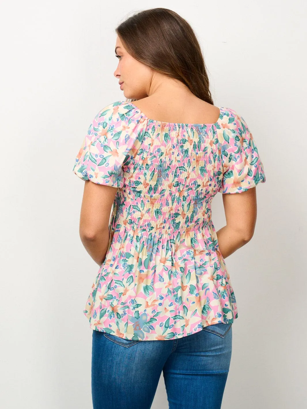 WOMEN'S SHORT PUFF SLEEVE SMOCK FLORAL BLOUSE TOP