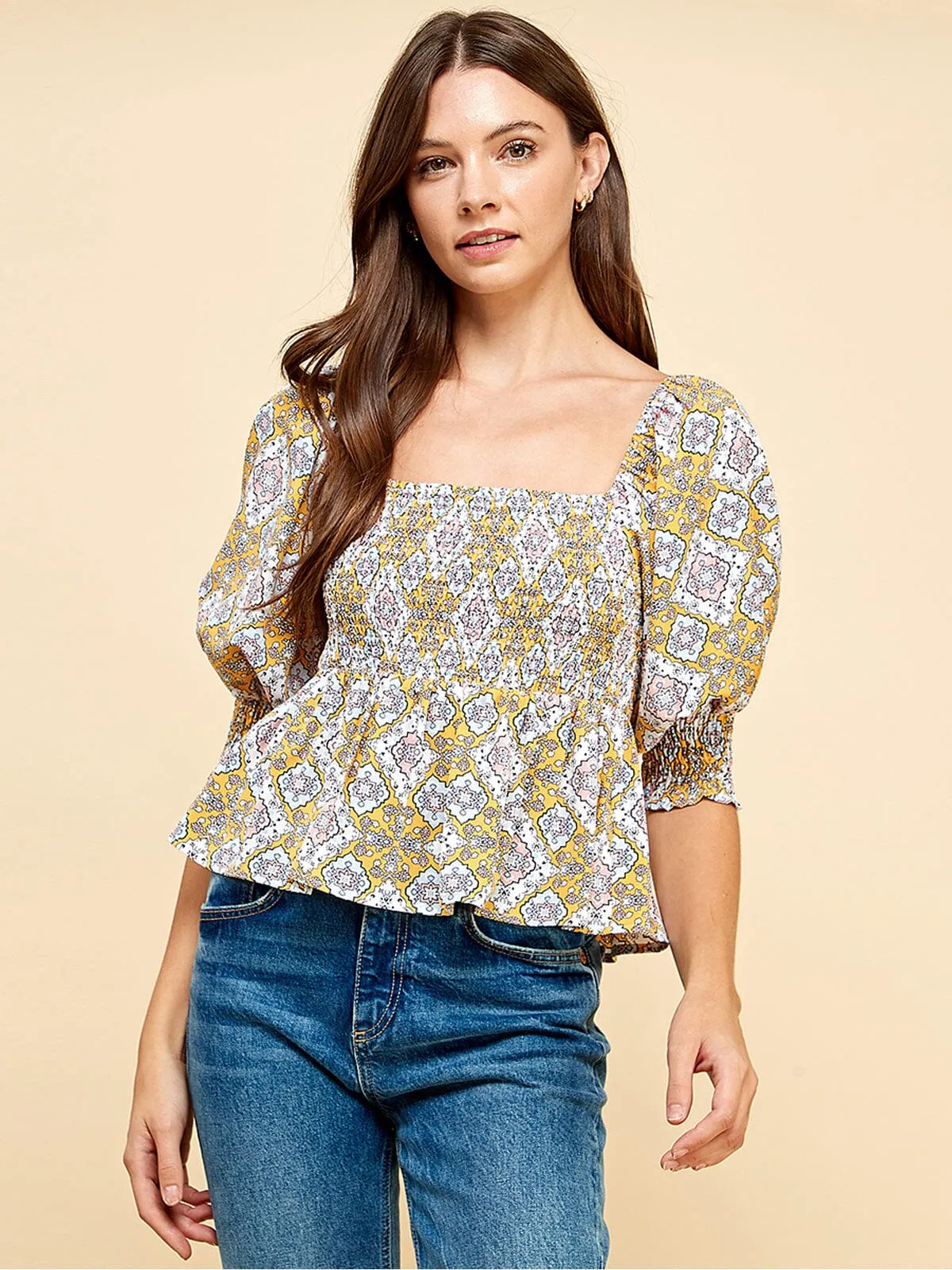 WOMEN'S SHORT PUFF SLEEVE SMOCK PEPLUM FLORAL BLOUSE TOP