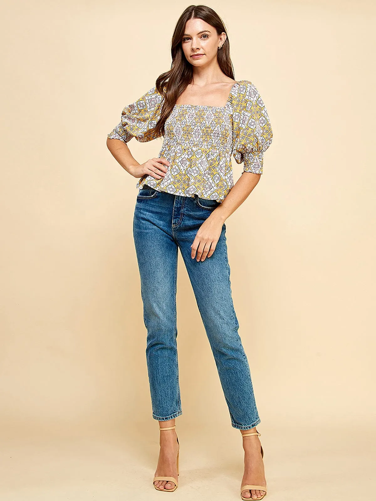 WOMEN'S SHORT PUFF SLEEVE SMOCK PEPLUM FLORAL BLOUSE TOP