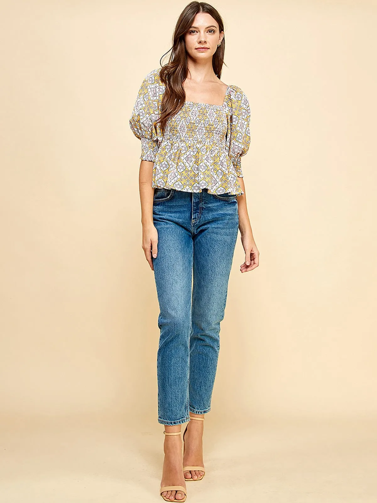 WOMEN'S SHORT PUFF SLEEVE SMOCK PEPLUM FLORAL BLOUSE TOP