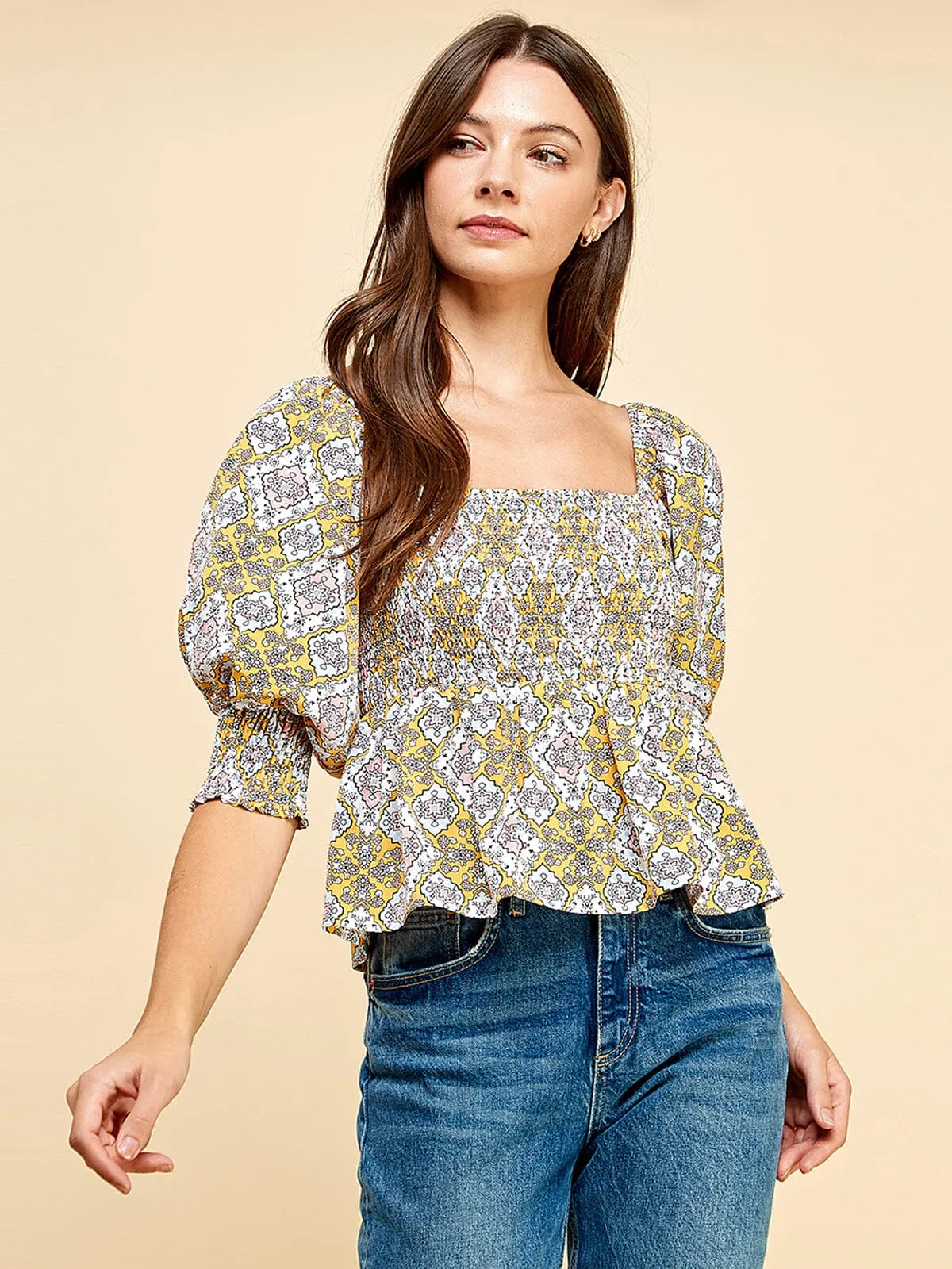 WOMEN'S SHORT PUFF SLEEVE SMOCK PEPLUM FLORAL BLOUSE TOP